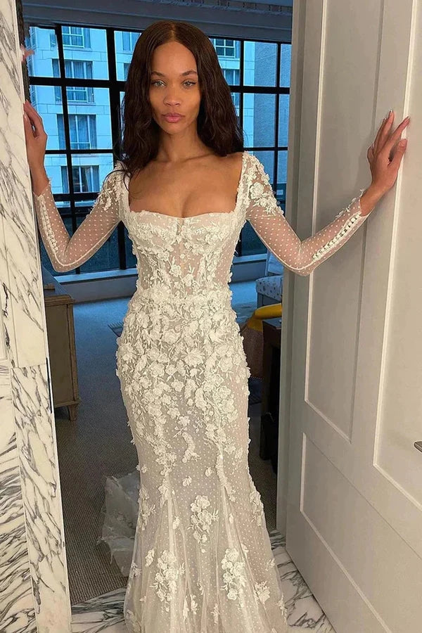 Illusion Mermaid Long Sleeves Square Neck Tulle Appliques Wedding Dres cherishgirls Illusion Mermaid Long Sleeves Square Neck Tulle Appliques Wedding Dres cherishgirls