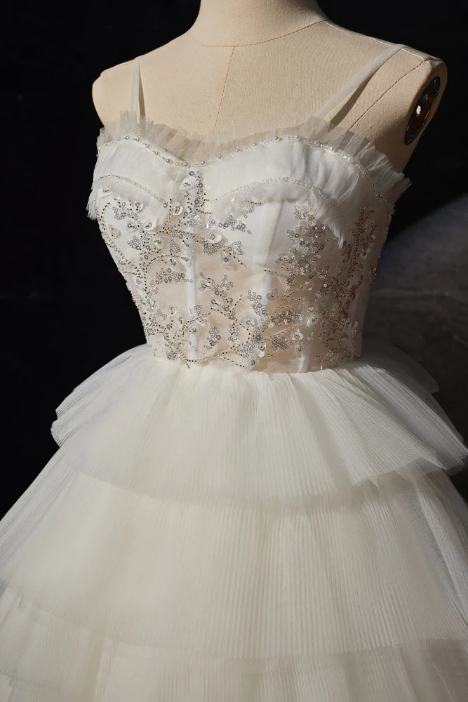 High Low Spaghetti Straps Tulle Beach Wedding Dress, Bridal Gown CHW0180