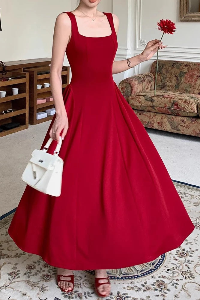 Burgundy Ankle Length Square Neck Sleeveless Stretch Satin Prom Dress cherishgirls Burgundy Ankle Length Square Neck Sleeveless Stretch Satin Prom Dress cherishgirls