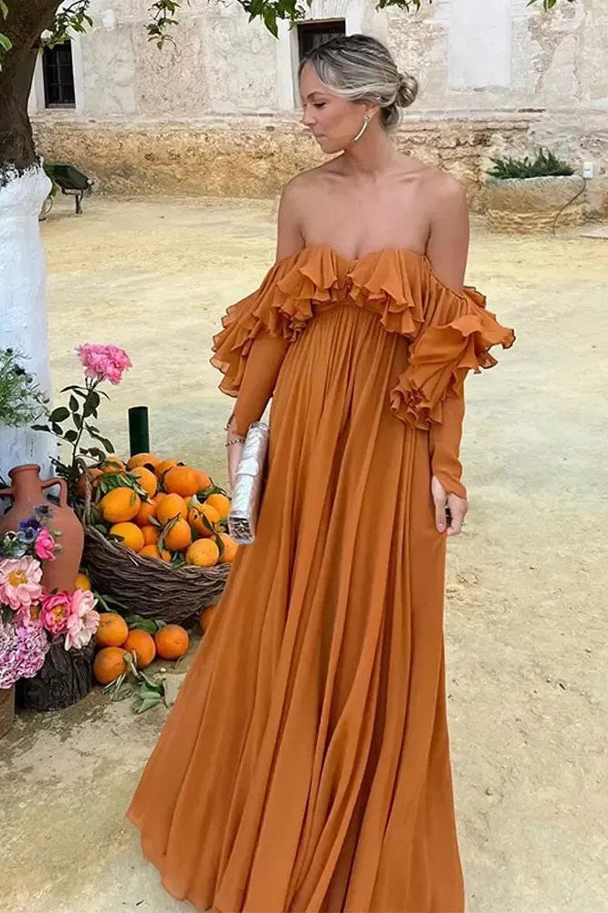 green emerald velvet dress Off-the-Shoulder Classic Chiffon Evening Dresses With Ruffles, A Line –  cherishgirls