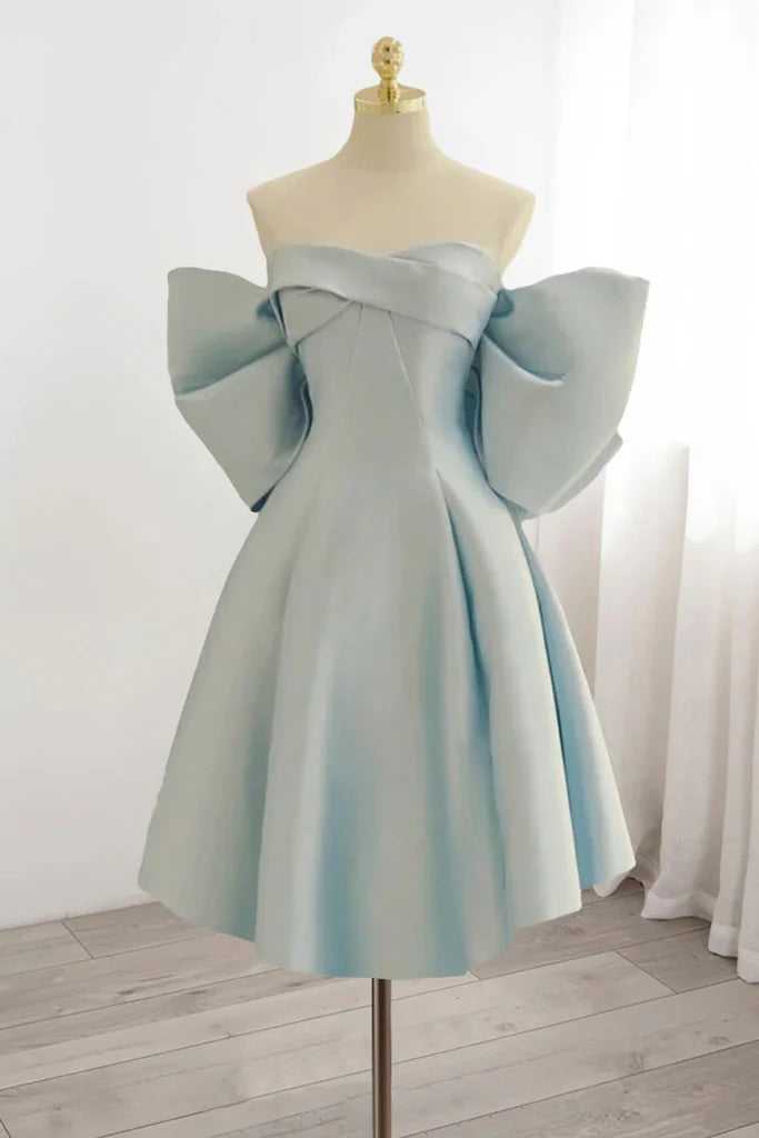 Light Blue Off The Shoulder Satin Homecoming Dress, A Line Short Forma   cherishgirls