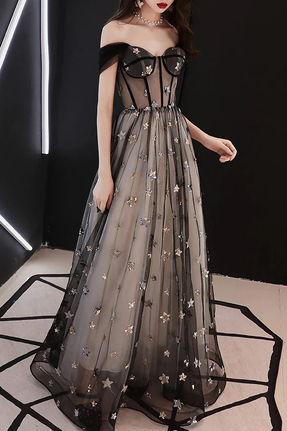 Gorgeous Off Shoulder A-Line Black Tulle Long Prom Dress with Stars CH cherishgirls Gorgeous Off Shoulder A-Line Black Tulle Long Prom Dress with Stars CH cherishgirls