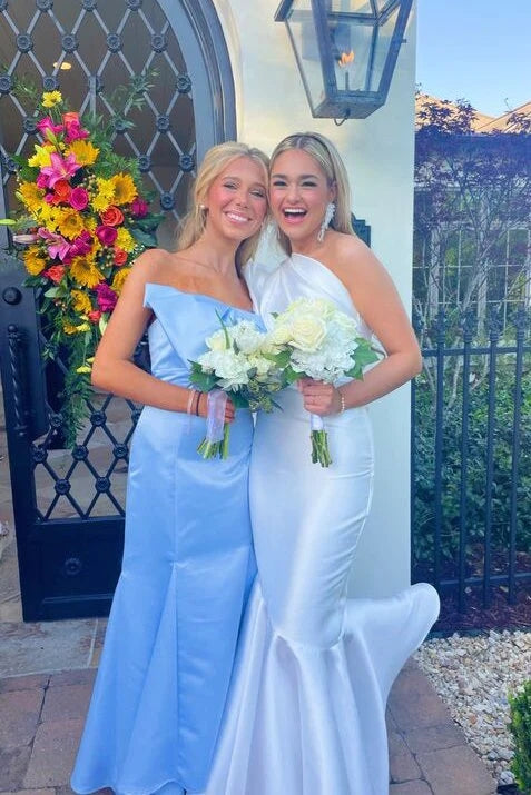 Sky Blue Bowknot Satin Prom Dress Long Sheath Bridesmaid Dresses CHP0332