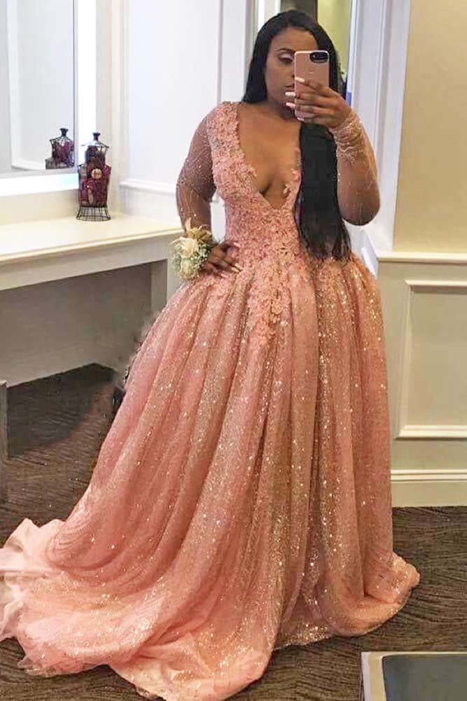 Sparkly Ball Gown Long Sleeve Plus Size Prom Dress With Appliques, Eve –  cherishgirls