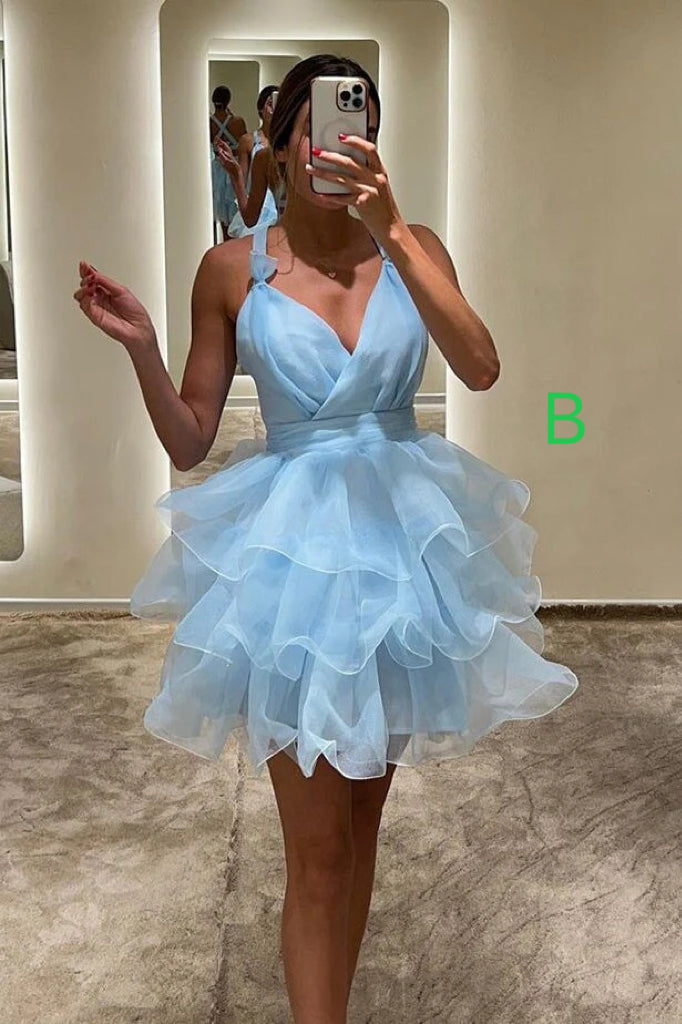 Hot Pink Organza Short Prom Dresses A Line Tiered V-Neck Homecoming Dr cherishgirls Hot Pink Organza Short Prom Dresses A Line Tiered V-Neck Homecoming Dr cherishgirls