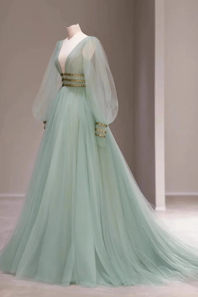 Mint Green Tulle Puffy Sleeve V Neck Long Prom Gown, Formal Dresses CH cherishgirls Mint Green Tulle Puffy Sleeve V Neck Long Prom Gown, Formal Dresses CH cherishgirls