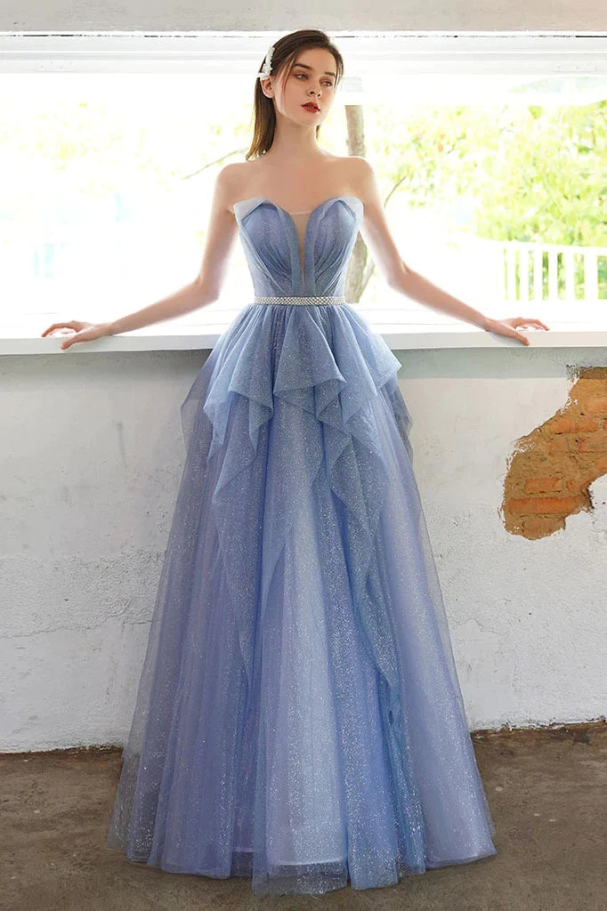 Shiny Blue Strapless Long Prom Gown With Beading, A Line Sparkly Eveni cherishgirls Shiny Blue Strapless Long Prom Gown With Beading, A Line Sparkly Eveni cherishgirls