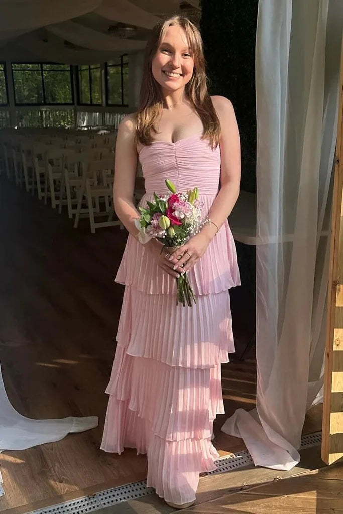 Pink Strapless Pleated Tiered Chiffon Prom Dresses, Bridesmaid Dress C – cherishgirls