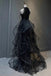 Sparkly Black Sleeveless Sequined Long Prom Dress With Ruffles, Mermaid Evening Gown CHP0331