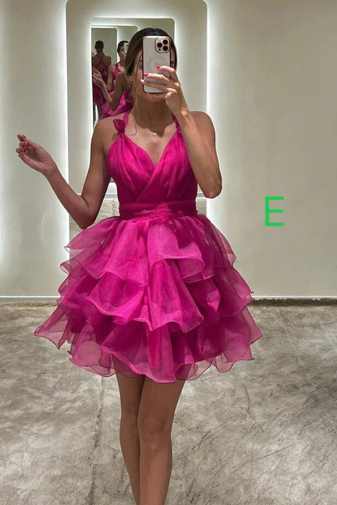 Hot Pink Organza Short Prom Dresses A Line Tiered V-Neck Homecoming Dr cherishgirls Hot Pink Organza Short Prom Dresses A Line Tiered V-Neck Homecoming Dr cherishgirls