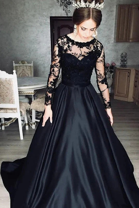 Illusion Lace A-Line Black Satin Long Sleeves Wedding Dress, Bridal Go –  cherishgirls