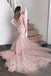 Pink Mermaid Sheer V Neck Wedding Dress With Applique, Bridal Gown CHW0178