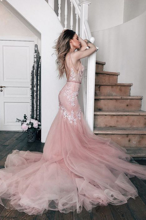 Pink Mermaid Sheer V Neck Wedding Dress With Applique, Bridal Gown CHW0178 Pink Mermaid Sheer V Neck Wedding Dress With Applique, Bridal Gown CHW0178