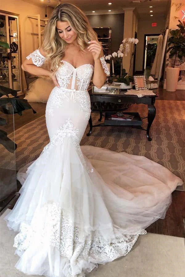 Tulle Mermaid Sweetheart Lace Appliques Wedding Dresses Bridal Gown C cherishgirls