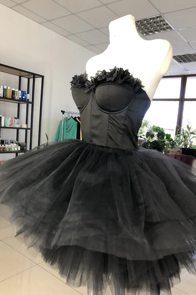 preppy homecoming dress Black Sweetheart Tulle Short Homecoming Dress, Appliques Preppy Dress –  cherishgirls