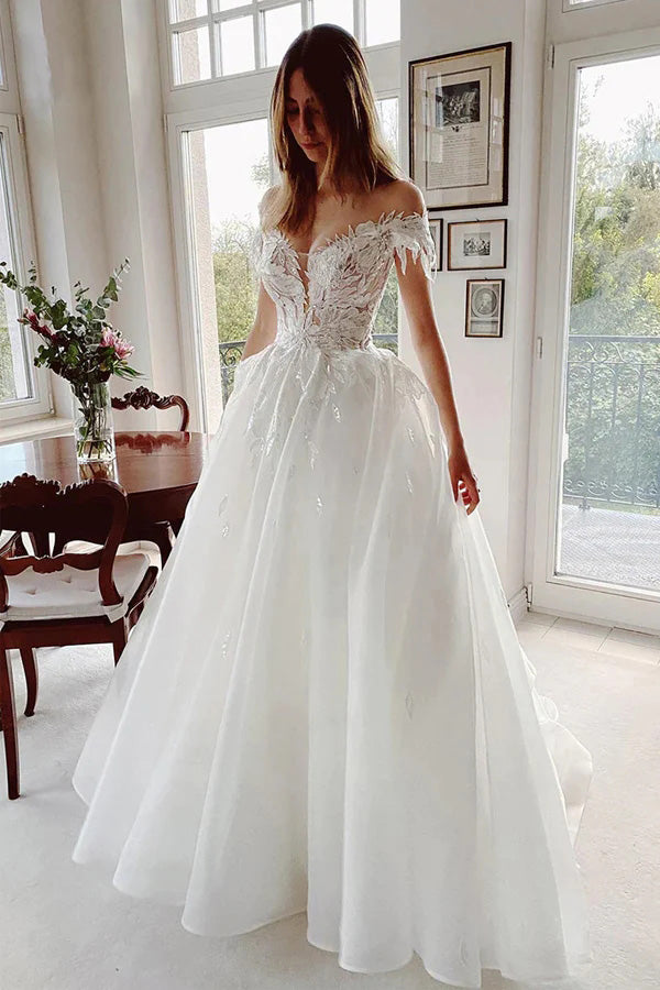 Off The Shoulder Appliques Rustic Lace Beach Wedding Dress CHW0172 cherishgirls Off The Shoulder Appliques Rustic Lace Beach Wedding Dress CHW0172 cherishgirls