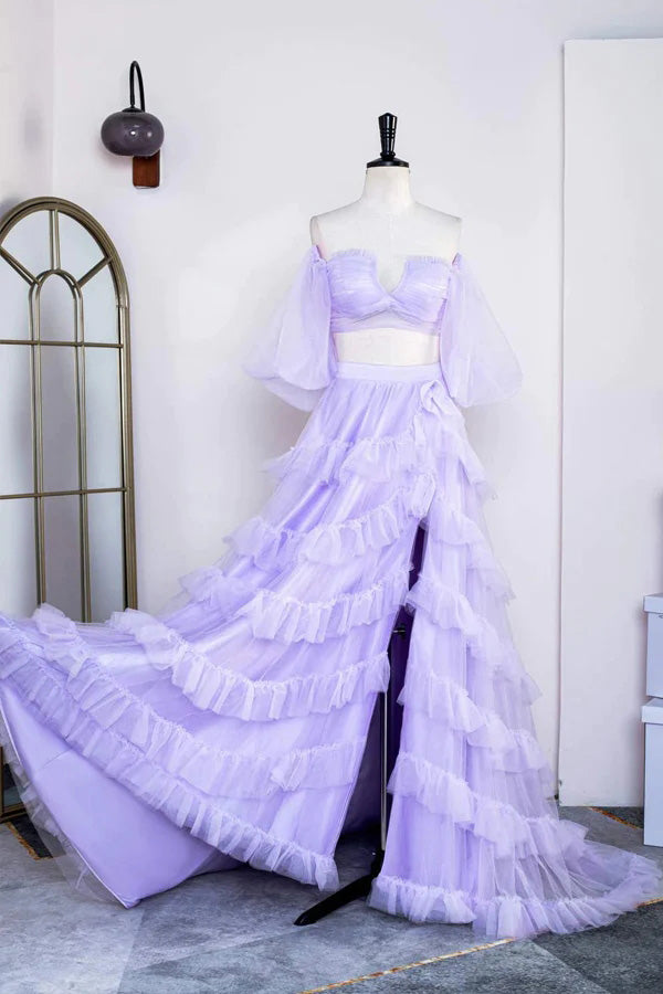 Two Piece Lavender Off the Shoulder Ruffles Prom Dress with Slit, Even cherishgirls Two Piece Lavender Off the Shoulder Ruffles Prom Dress with Slit, Even cherishgirls
