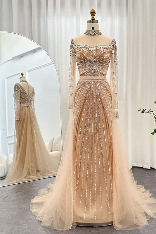 A Line Sheer Neck Long Prom Dress With Beading, Long Sleeves Evening D   cherishgirls