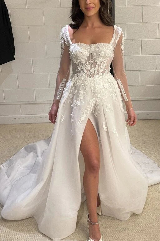 Unique Lace Applique Long Sleeves A-Line Wedding Dresses, Bridal Gown cherishgirls Unique Lace Applique Long Sleeves A-Line Wedding Dresses, Bridal Gown cherishgirls