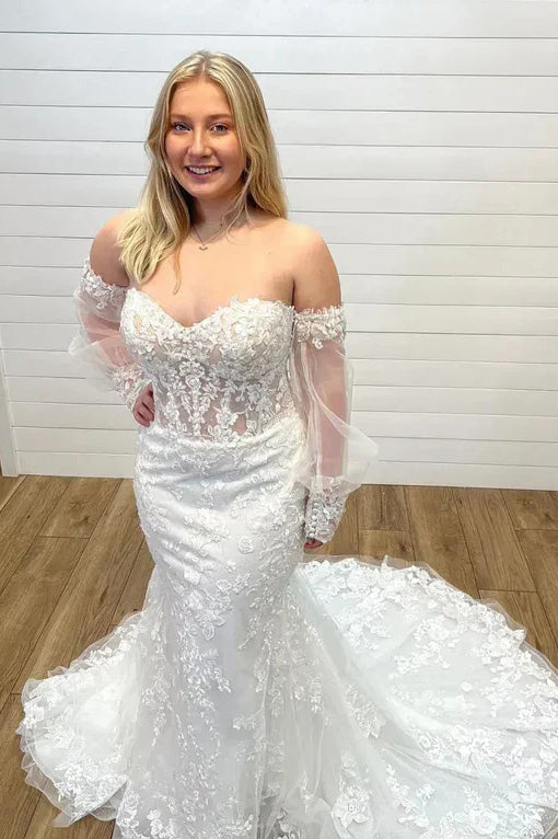 vintage wedding dresses mermaid Mermaid Sweetheart Lace Vintage Wedding Gown With Detachable Sleeves C –  cherishgirls