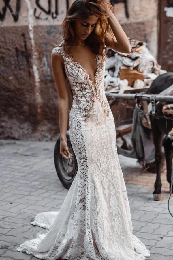 Backless Mermaid Sheer Neck Sleeveless Lace Wedding Dress, Bridal Gown cherishgirls Backless Mermaid Sheer Neck Sleeveless Lace Wedding Dress, Bridal Gown cherishgirls
