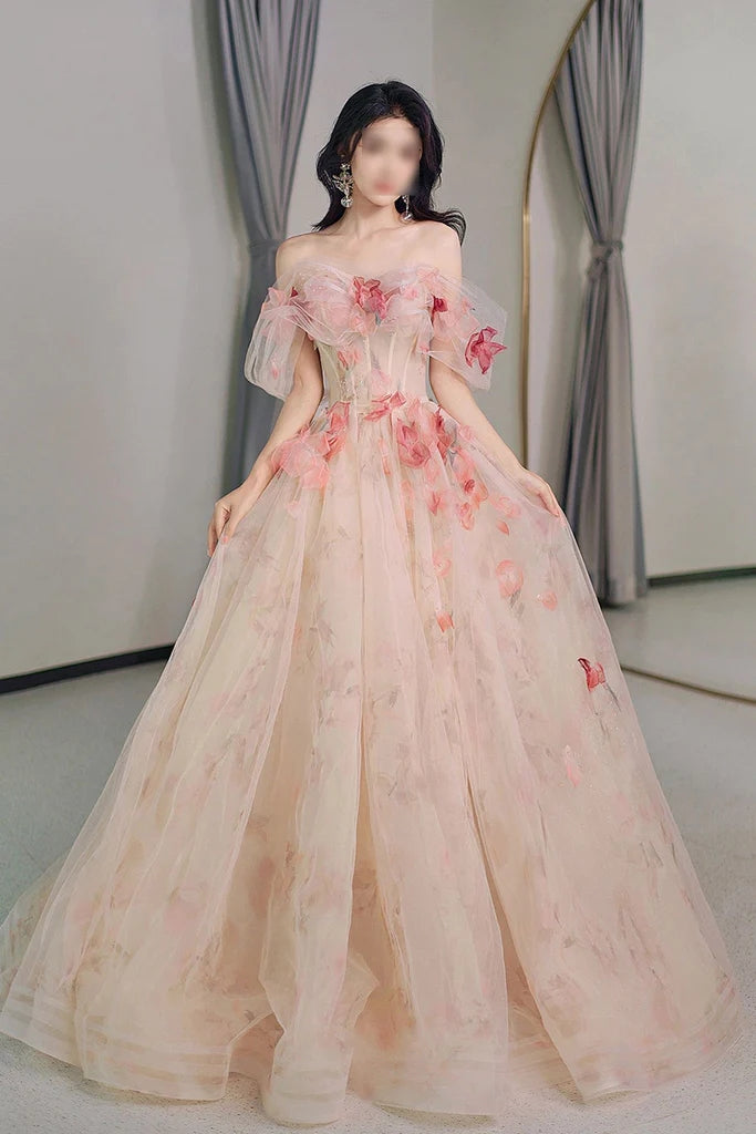 Princess Tulle Off The Shoulder Prom Dress With Flowers Charming Tull cherishgirls