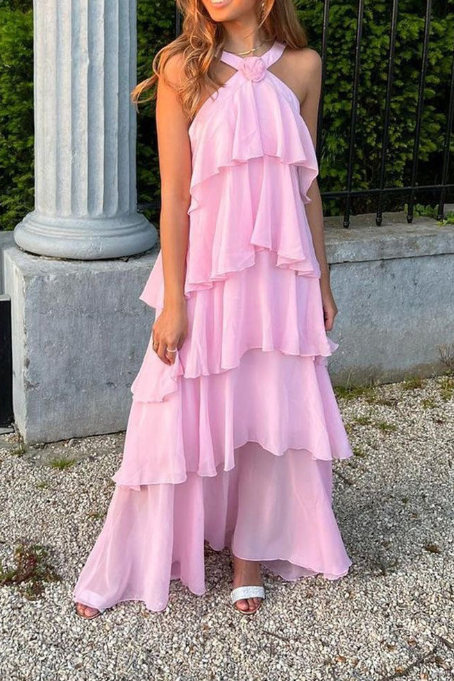 Halter Pink Chiffon Floor Length Prom Dress With Layers ,Formal Gown C   cherishgirls