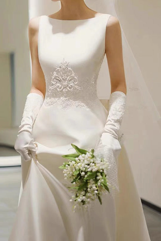 Simple A Line Satin Wedding Dress With Bowknot, Long Bridal Gown CHW01 cherishgirls Simple A Line Satin Wedding Dress With Bowknot, Long Bridal Gown CHW01 cherishgirls