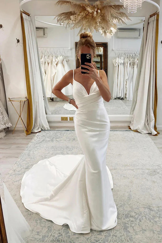 silk spaghetti strap wedding dress Simple Silk Satin Mermaid Backless Spaghetti Straps Wedding Dresses, MW602