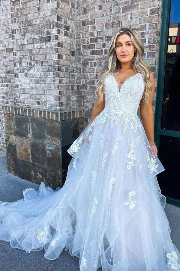A-line Spaghetti Straps V-neck Beach Wedding Dress With Lace Appliques cherishgirls A-line Spaghetti Straps V-neck Beach Wedding Dress With Lace Appliques cherishgirls