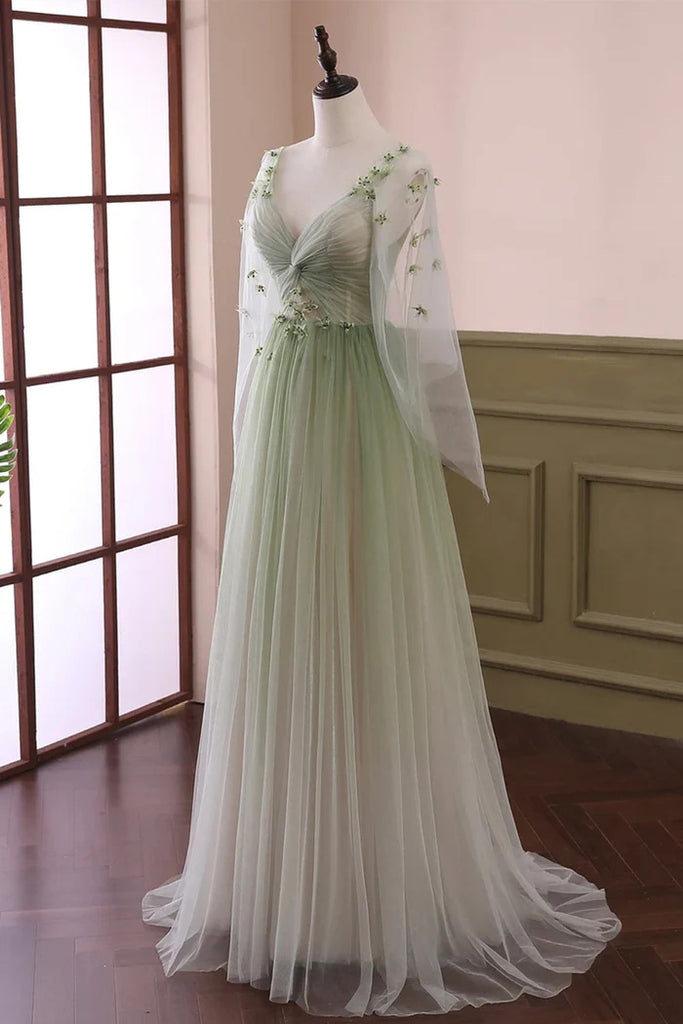 Beautiful Gradient Tulle Green Long Sleeves Party Dress, Evening Formal Dresses CHP0323