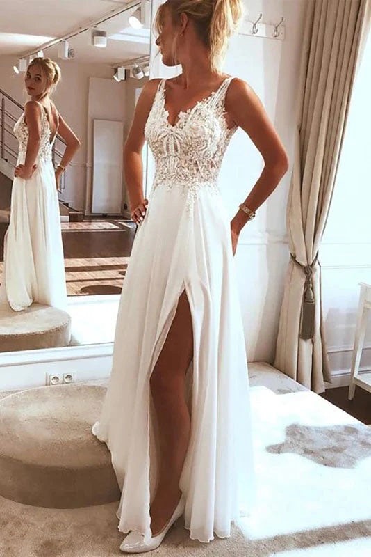 Stunning A Line Lace Chiffon Boho Bride Dress With Slit Wedding Gown CHW0186