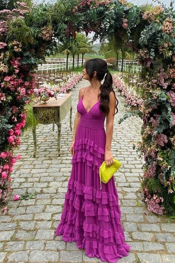 New Purple Spaghetti Straps Long Prom Dress With Layers, Formal Gown C –  cherishgirls