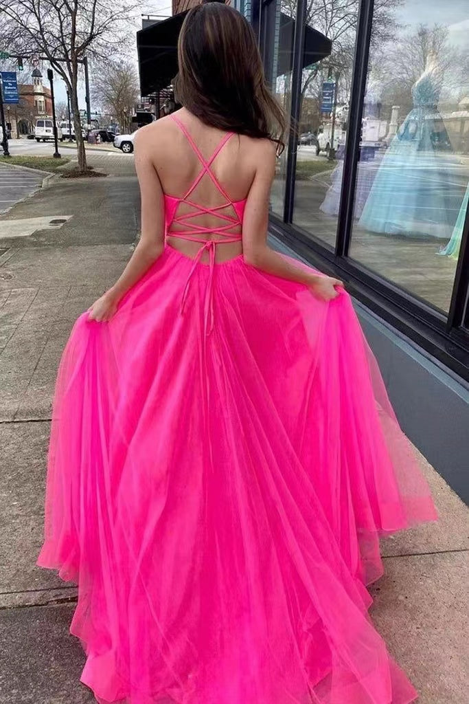 Hot Pink Tulle A Line V-neck Long Prom Dress, Gorgeous Formal Gown CHP0214