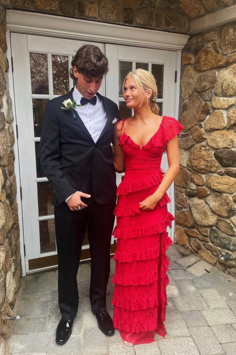 Red Lace Tiered Long Prom Gown With Layers, Evening Dress CHP0223 cherishgirls Red Lace Tiered Long Prom Gown With Layers, Evening Dress CHP0223 cherishgirls
