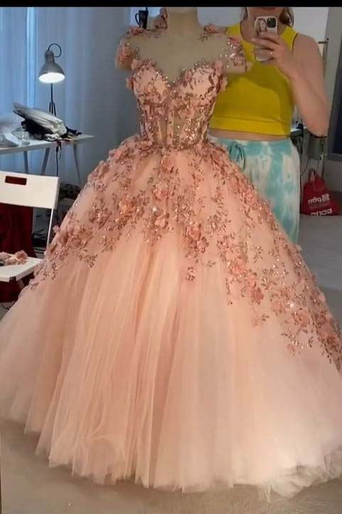 Pink 3D Flower See-through Tulle Prom Dress, Beautiful A-line Sweetheart Quinceanera Dresses CHP0162