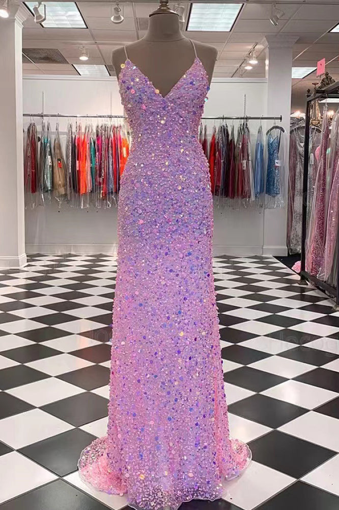 Sparkly Pink Mermaid Sequins Spaghetti Straps Prom Dresses, Long Forma –  cherishgirls
