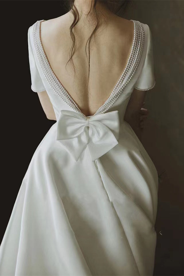 Simple White Satin V Back Beach Wedding Dresses, Ivory Bridal Gowns Wi –  cherishgirls
