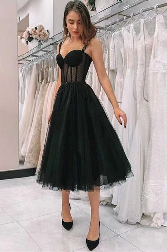 Black Tulle A-Line Spaghetti Straps Tea-Length Short Homecoming Dress, cherishgirls Black Tulle A-Line Spaghetti Straps Tea-Length Short Homecoming Dress, cherishgirls