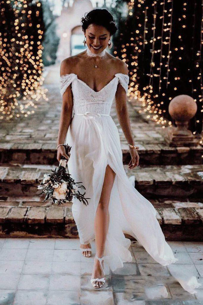 A Line Off-the-Shoulder Ivory Lace Bridal Dress With Slit, Wedding Dress CHW0163