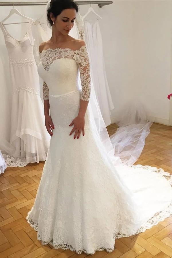 lace mermaid wedding dress with 3 4 sleeves Elegant Off the Shoulder Lace Wedding Dress with 3/4 Sleeves, Mermaid cherishgirls