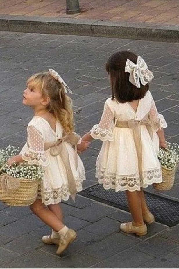 A Line 3/4 Sleeve Lace Flower Girl Dresses Above Knee Baby Dress with Sash UF083 A Line 3/4 Sleeve Lace Flower Girl Dresses Above Knee Baby Dress with Sash UF083