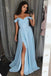 Blue Satin A Line Off-the-Shoulder Prom Dresses with Slit,,Long Evening Dress CHP0146