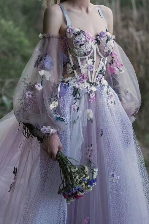 Elegant Dusty Lavender Floral Spaghetti Strap Sweetheart A-line Tulle   cherishgirls