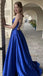 Simple Blue V Neck Spaghetti Straps Satin Long Prom Dress Formal Dress With Pockets chp0084