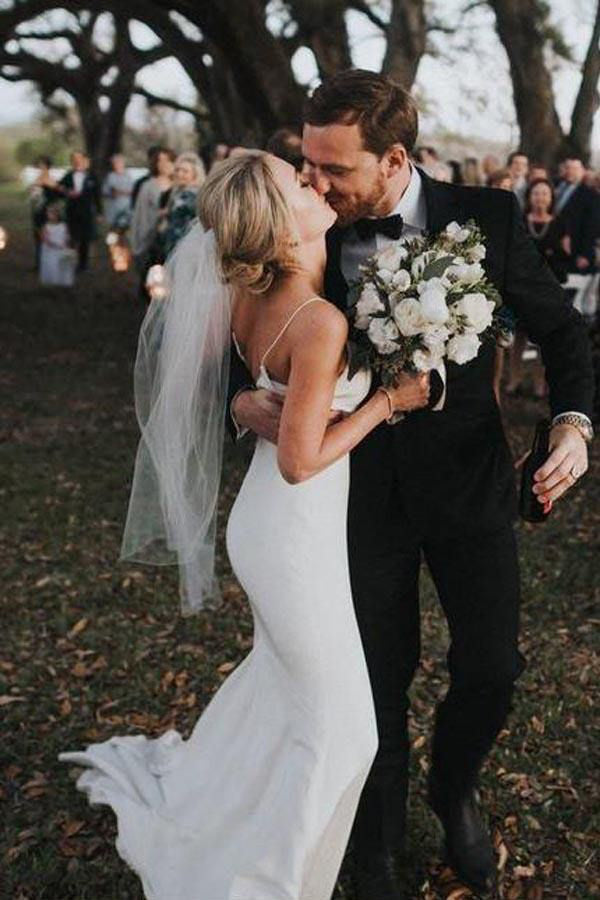 Spaghetti Straps Mermaid Backless V-Neck Beach Wedding Dresses, Long Bridal Gown CHW0143