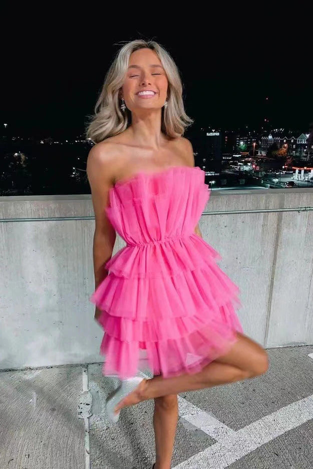 Hot Pink Strapless Tiered Homecoming Dress With Layers, Party Gown chh cherishgirls Hot Pink Strapless Tiered Homecoming Dress With Layers, Party Gown chh cherishgirls
