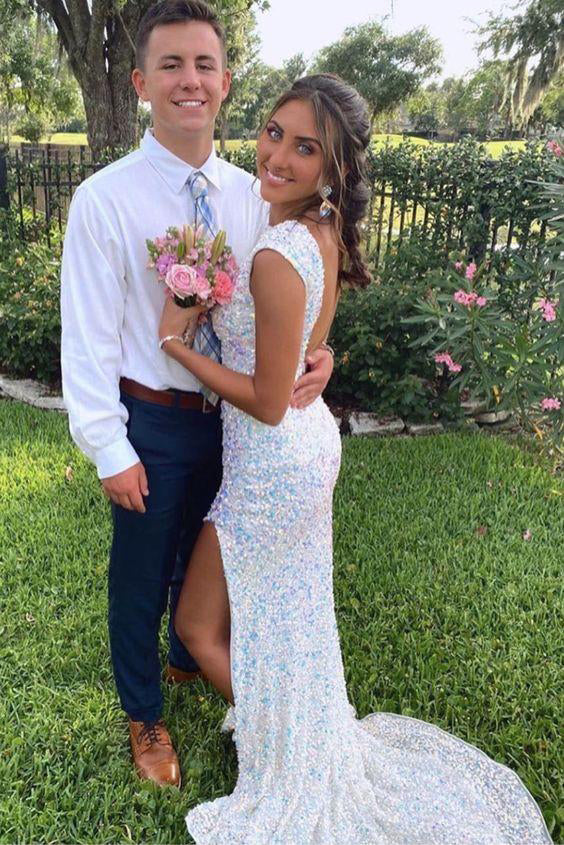 White Mermaid Sparkles Long Prom Dress With Side Slit,Sparkly Open Bac cherishgirls White Mermaid Sparkles Long Prom Dress With Side Slit,Sparkly Open Bac cherishgirls