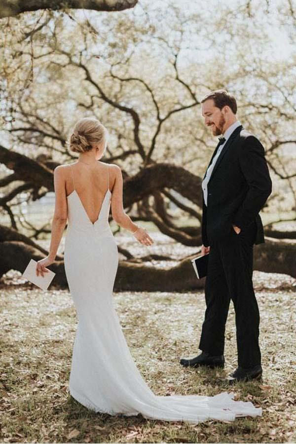 Spaghetti Straps Mermaid Backless V-Neck Beach Wedding Dresses, Long Bridal Gown CHW0143