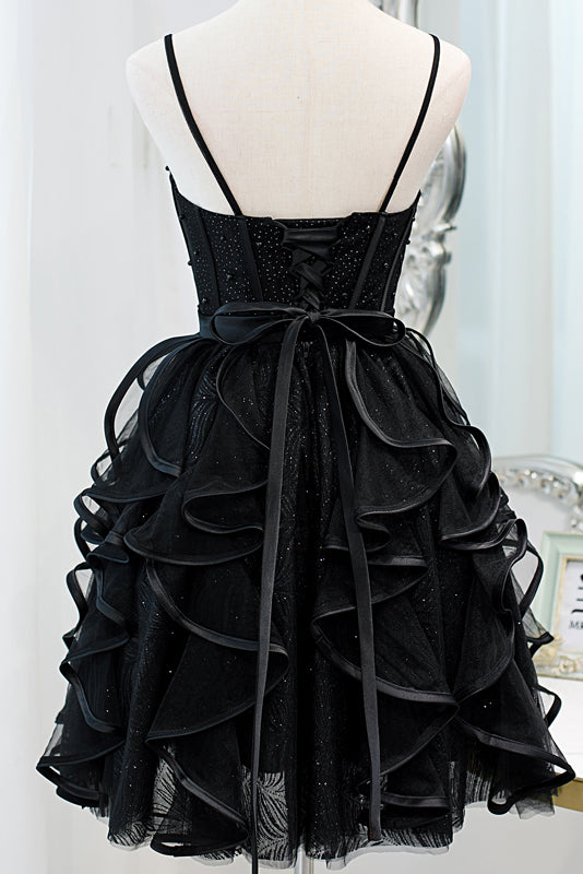 Black Spaghetti Straps Tulle Homecoming Dress with Layers, Mini Prom G –  cherishgirls